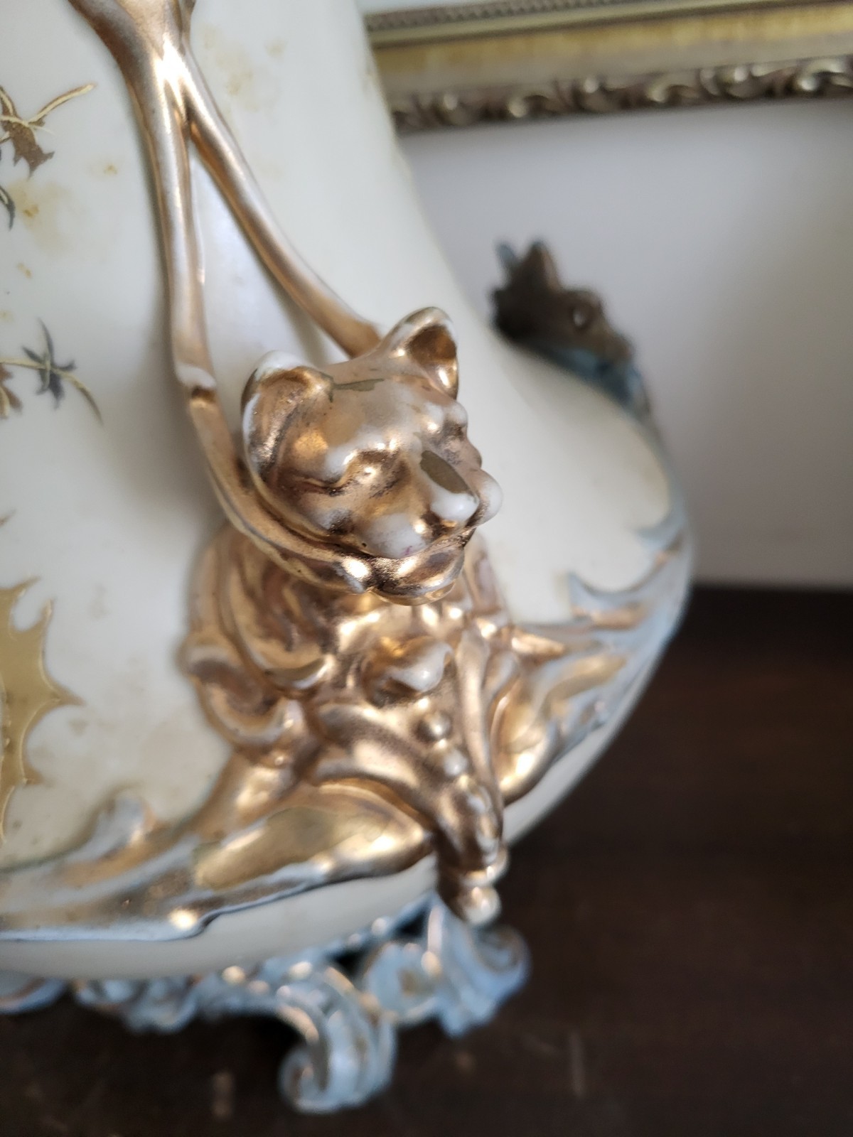 Antique RS Germany Large Hand Painted Porcelain Vase Lion Handle Gold Flowers