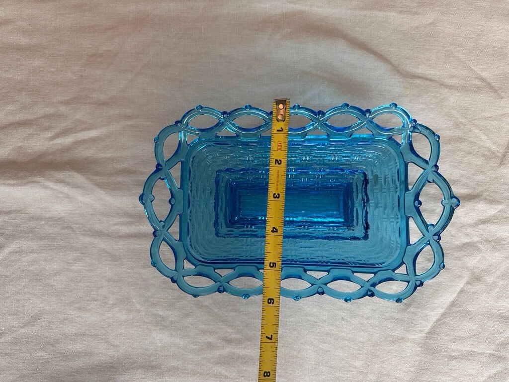 Vintage Indiana Glass Lace Edge Horizon Blue Tray ART GLASS BASKET HANDMADE