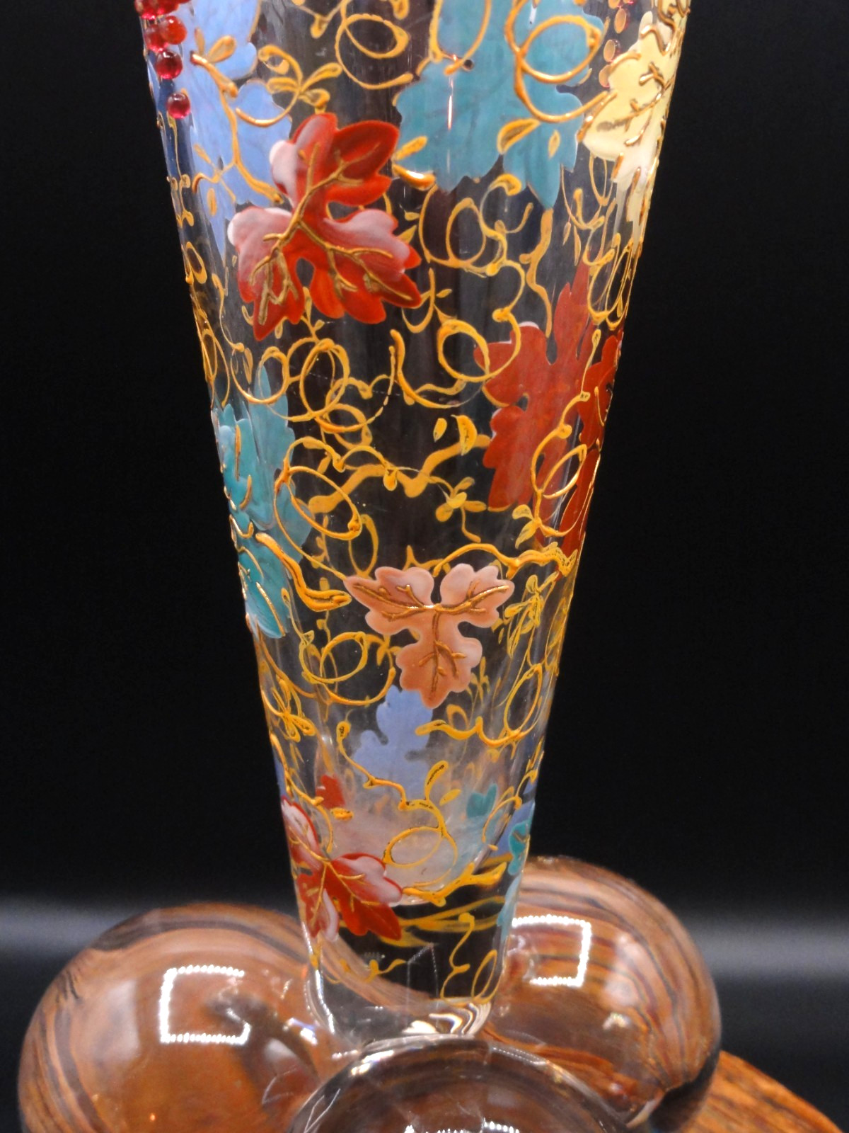 Antique Harrach Art Glass Vase w/ Moser Hand Painted Enamel + Bead Grape Leaves