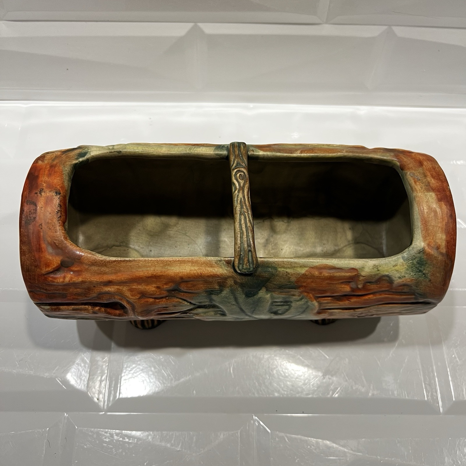 Weller Woodcraft Log Pottery Oak Leaf Log Shaped Ceramic Planter Centerpiece
