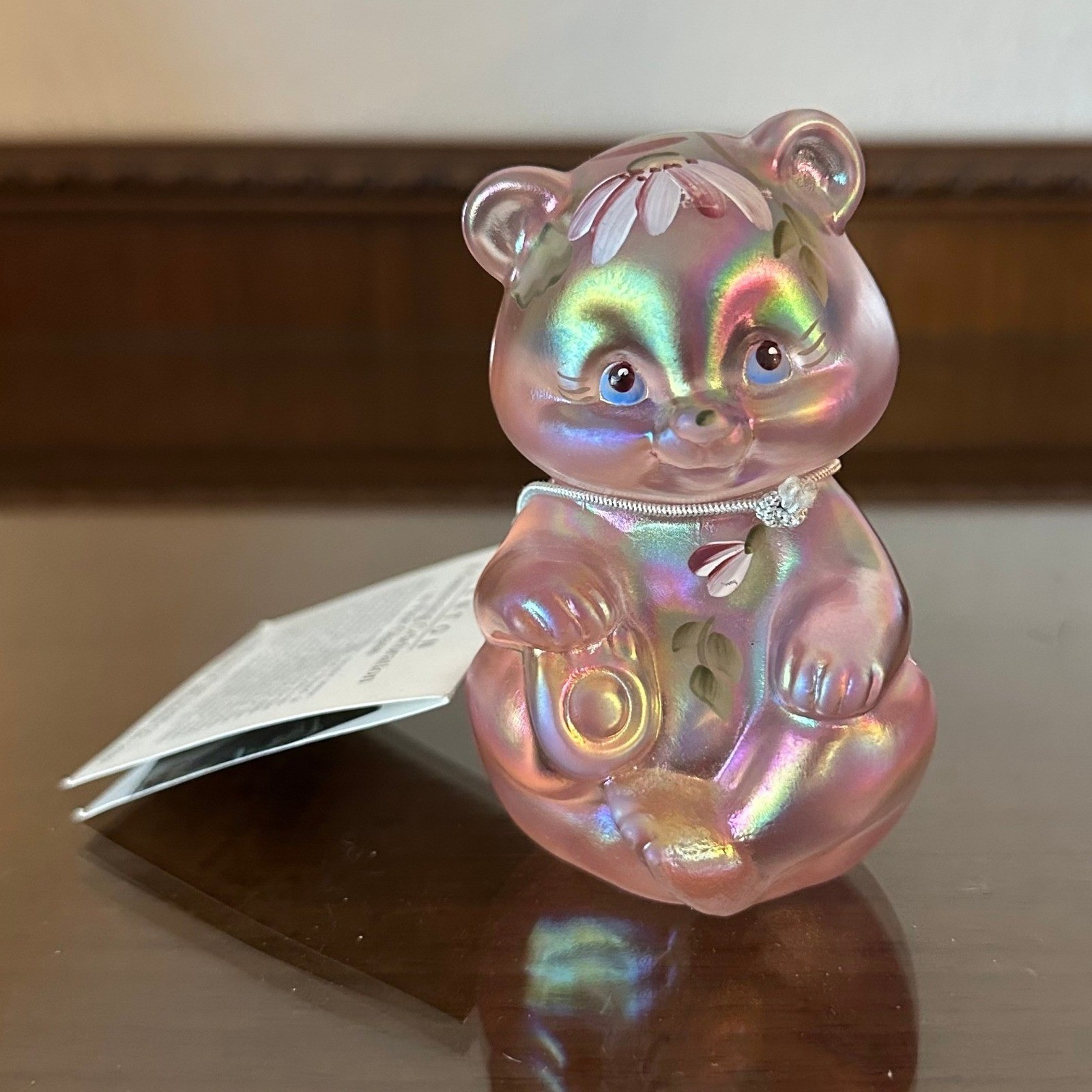 Fenton Pink Opal Iridescent Bear Blue Eye w/ Tag Figurine Hand Painted D Wright