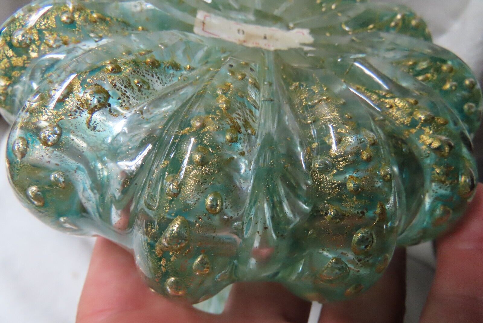 Barovier & Toso Cordonato d’Oro Murano Glass Vase Label Green – Gold 7 3/4 Italy