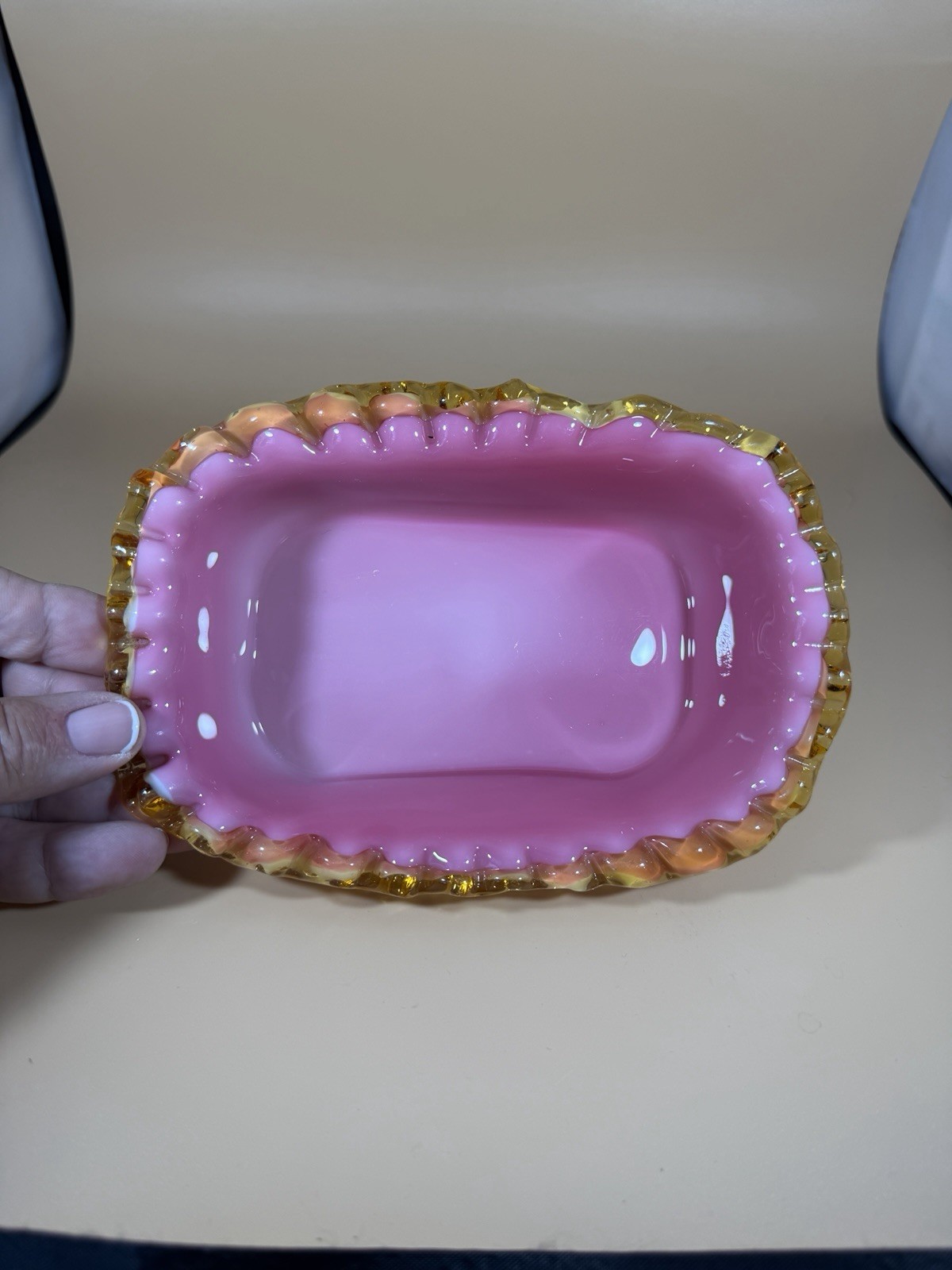 Peach Blown Glass Amber Crest -Crimped Fluted Rectangular Candy Dish -Art Glass