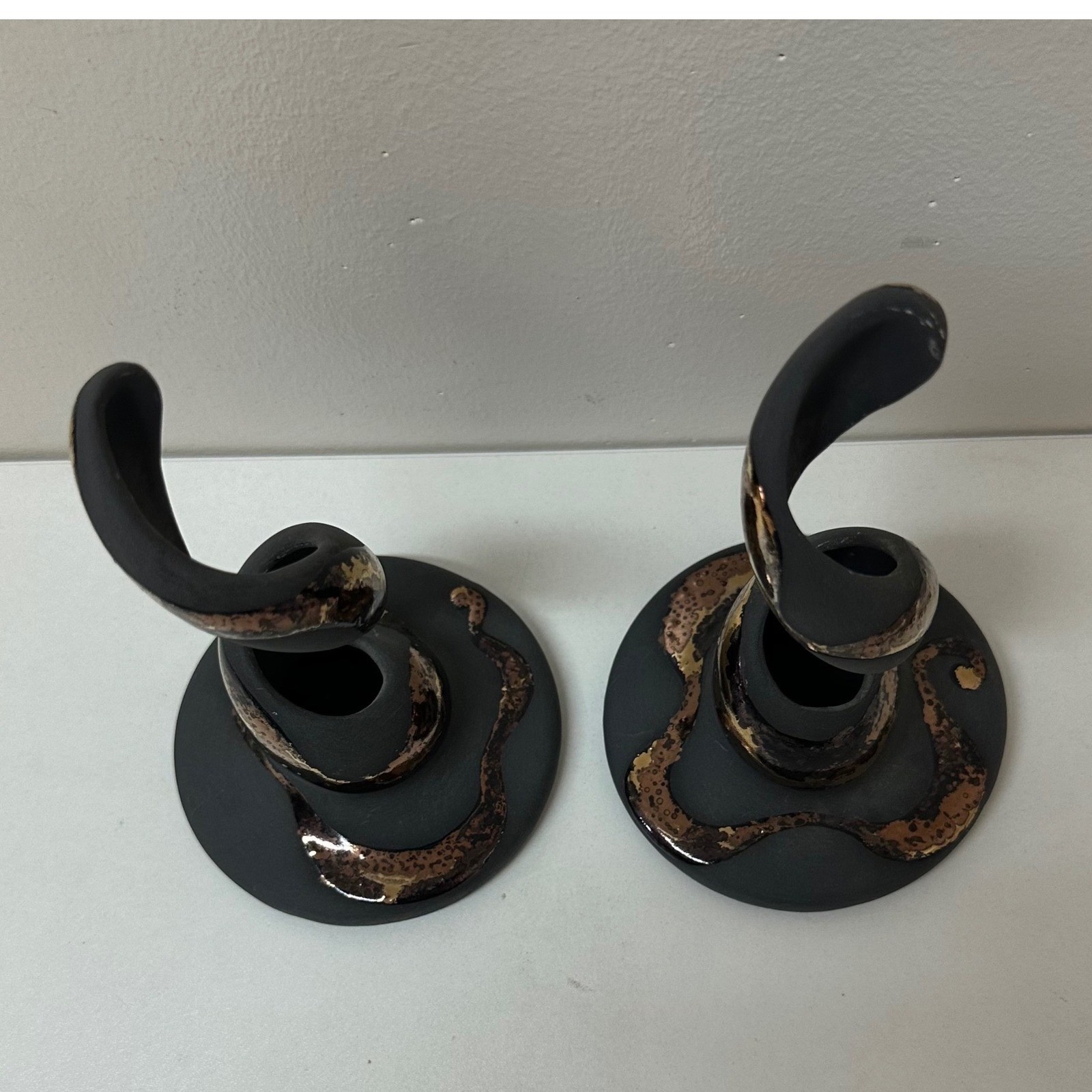 Studio Art Pottery Raku Twisted Spiral Taper Candle Holders Signed Black Gold