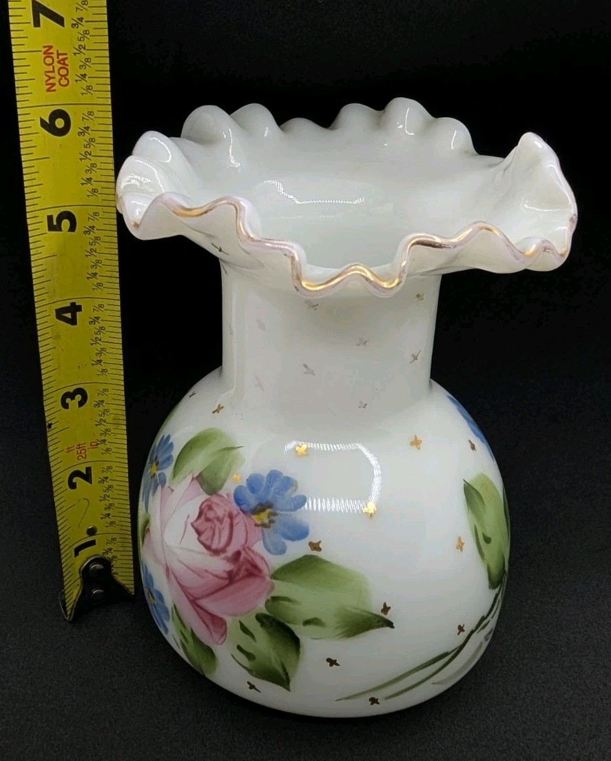 Fenton Vase Milk Glass Art Gold Star Charleton Roses Ruffled c1940-1959 5.5″