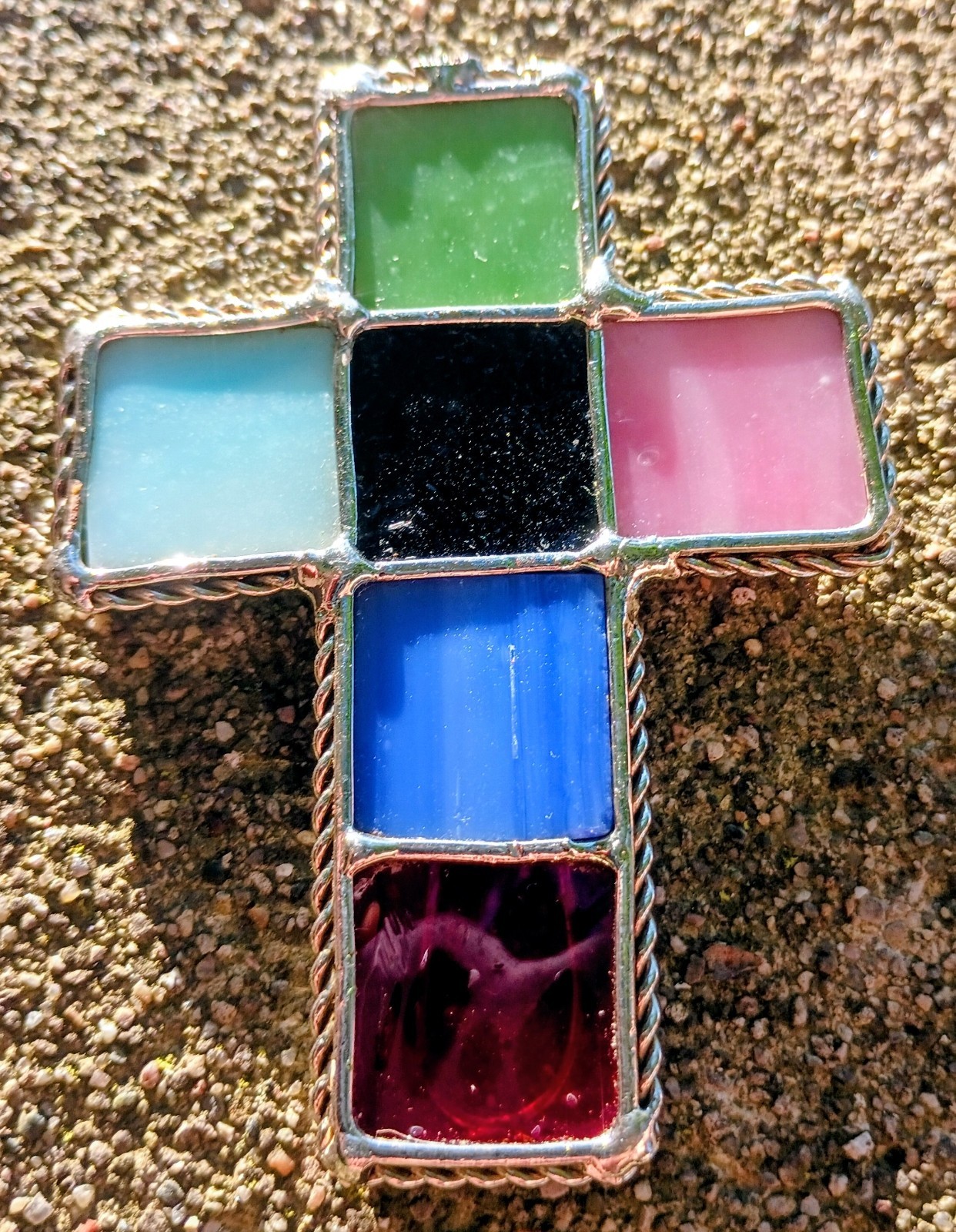 ​Vintage Stained Glass Cross Suncatcher Multicolor Wire Overlay Art Window…