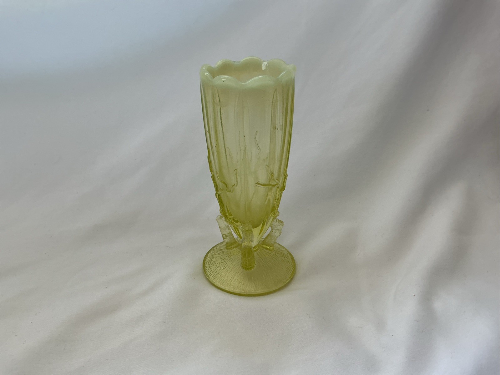 Dugan/ Northwood Canary Yellow Opalescent “Twig” Vaseline Glass Bud Vase