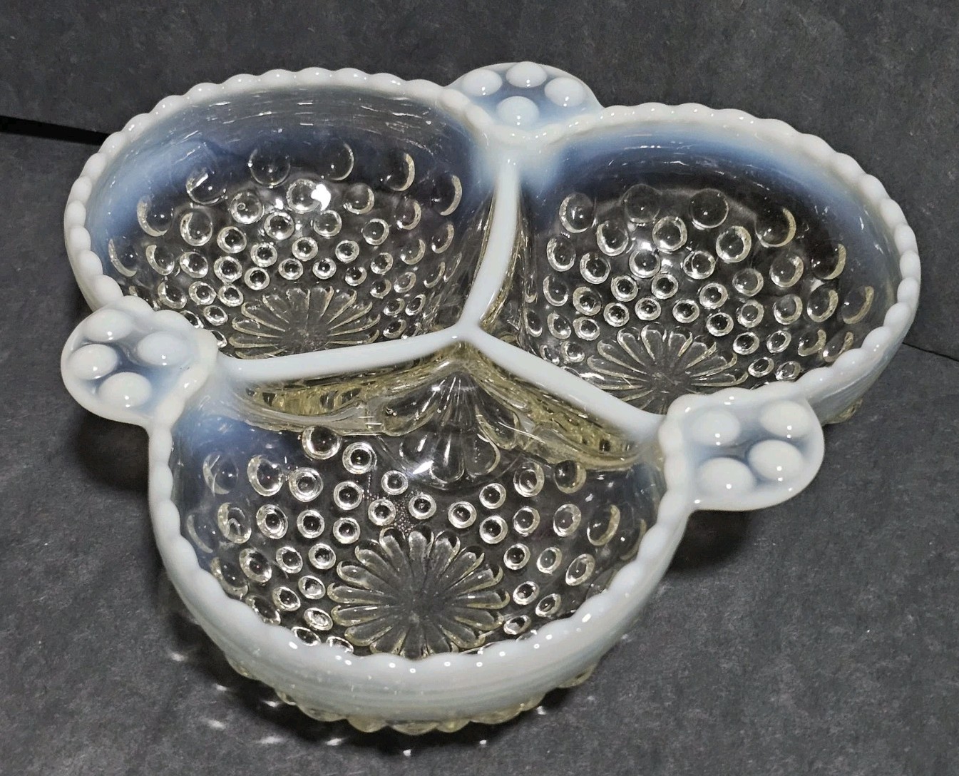 3 Moonstone Opalescent Hobnail 2-5.5″ Bud Vases 3 Divide Dish Anchor Hocking