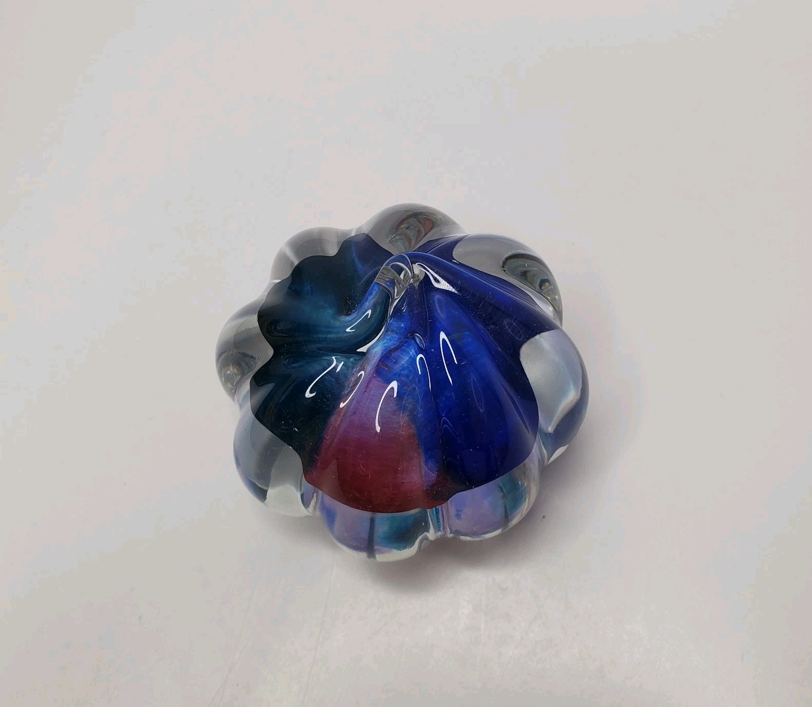 Hand-Blown Art Glass Paperweight Lobed Sommerso Purple , Red & Blue Swirl 2″