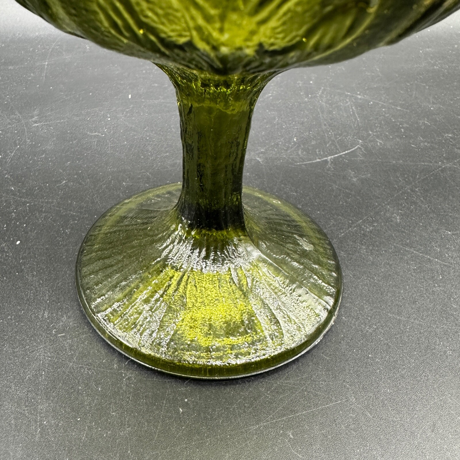 FTD 1975 Green Glass Goblet Footed Candy Dish Oak Leaf Pattern Vtg No Chips