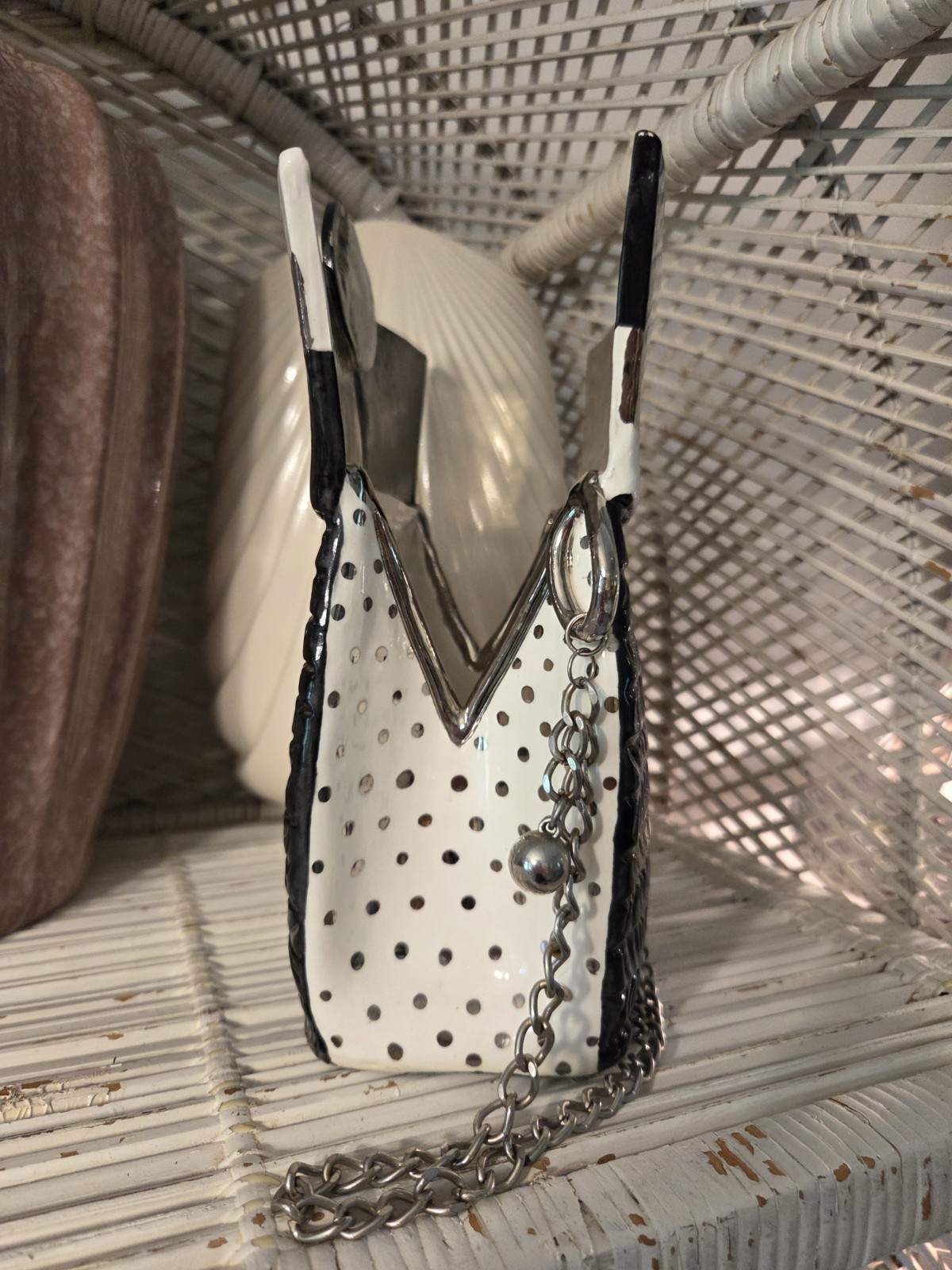 Vintage Y2K Signed Ceramic Handmade Checkered Purse with Chain Strap Black White