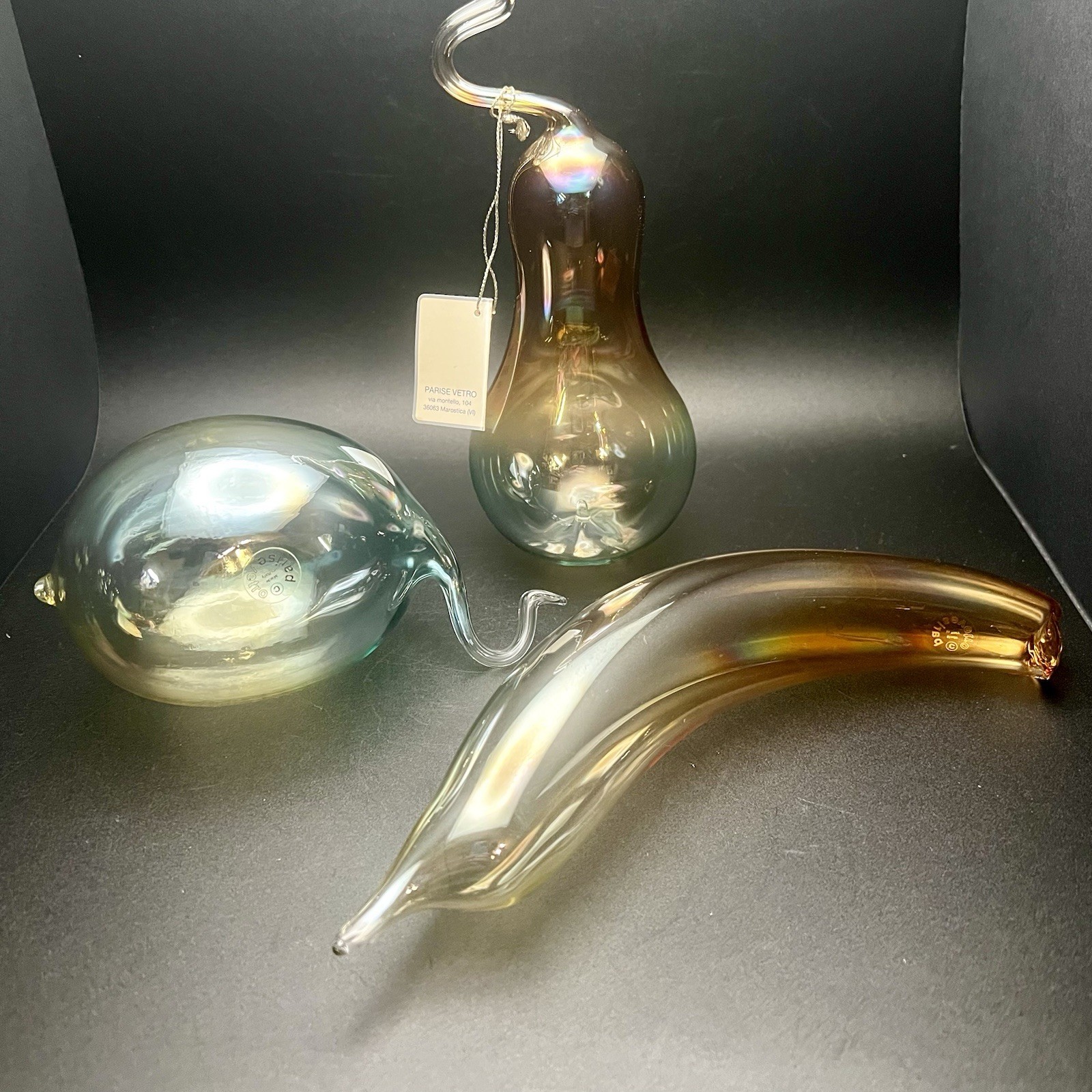 Parise Vetro Italian Hand Blown Art Glass Fruit Amber Iridescent Fig Banana Pear