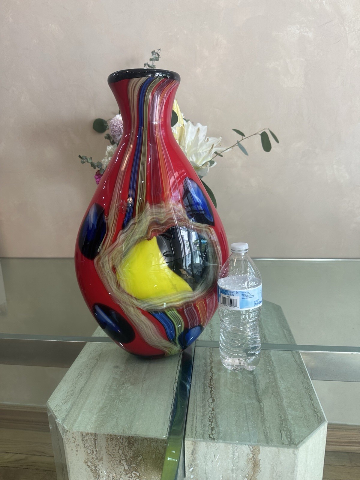 Red Multicolor Art Glass Vase w/ Yellow Center & Blue Swirl, Glossy Finish