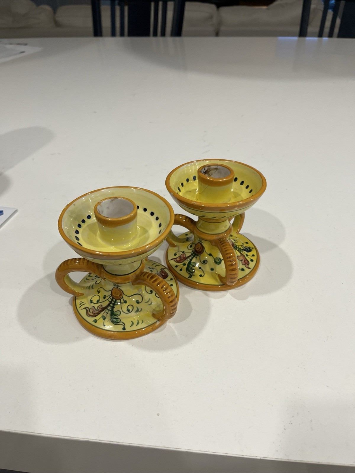 Pair of Vintage Cellini Italy Candlesticks, Hand-Painted Ceramic Pottery #803
