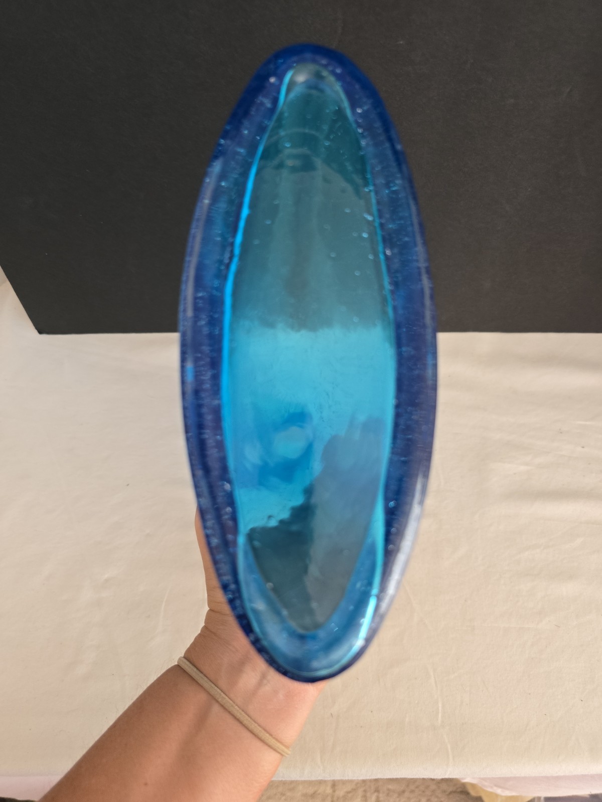 Blue MCM Style Glass Bottle Trapezoidal/Teardrop, Air Bubbles 10.25″T