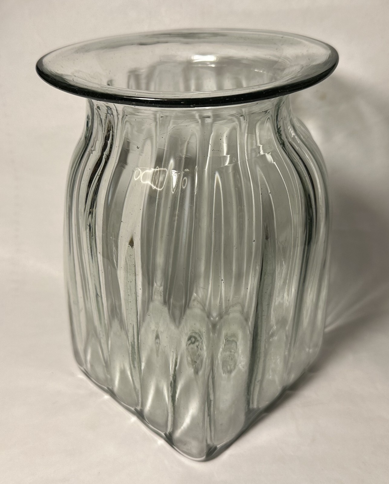 Heavy Ribbed Light Aqua Blown Art Glass Vase Jar 8″