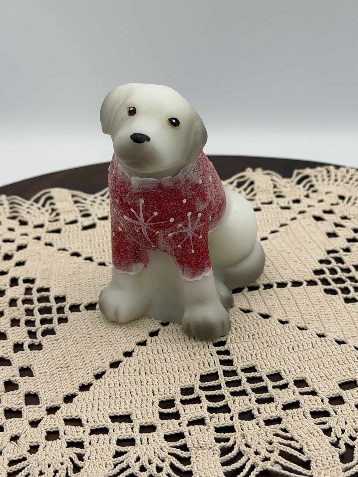 Fenton Opal Satin Red Snowflake Sweater HP Sitting Puppy 5085 7N J Powell HTF