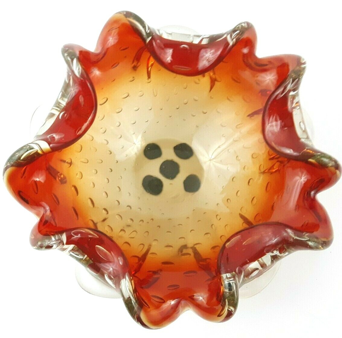 Murano Art Glass Bullicante Red to Clear 6.5 in Ashtray Dish Vintage Mid Century