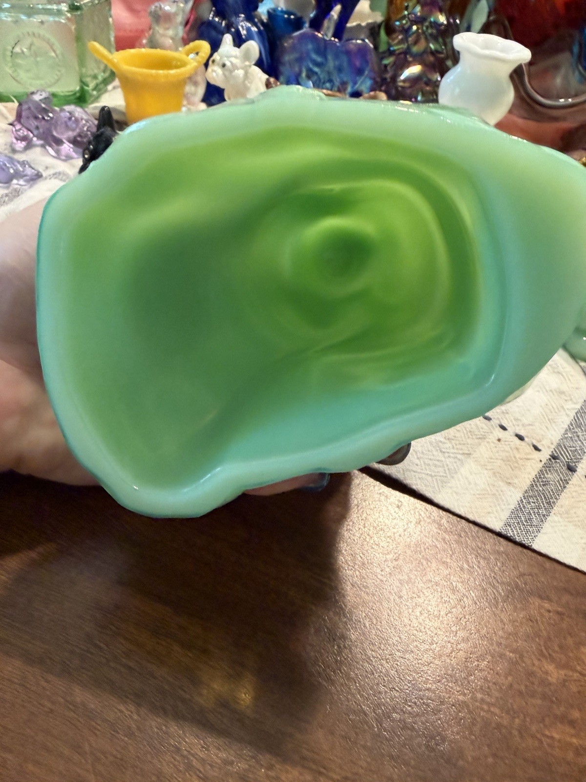 Mosser Jadeite Glass Kneeling Santa Figurine Glossy Finish