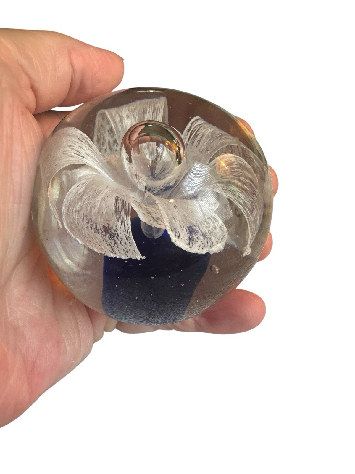 Vintage Art Glass Paperweight In Clear and Blue with White Flower unsigned