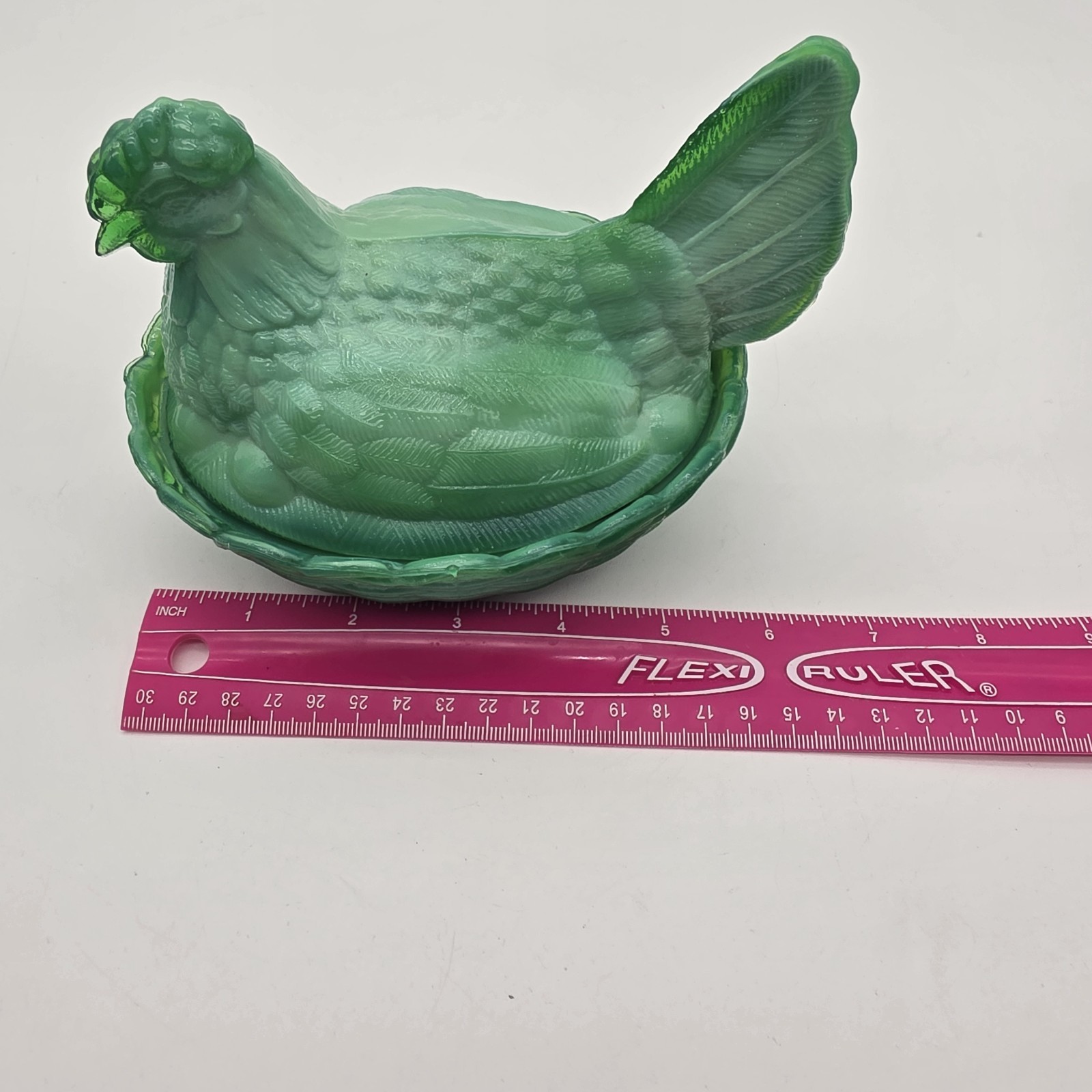Green Slag Glass Hen on a Basket Covered Candy Dish 6″