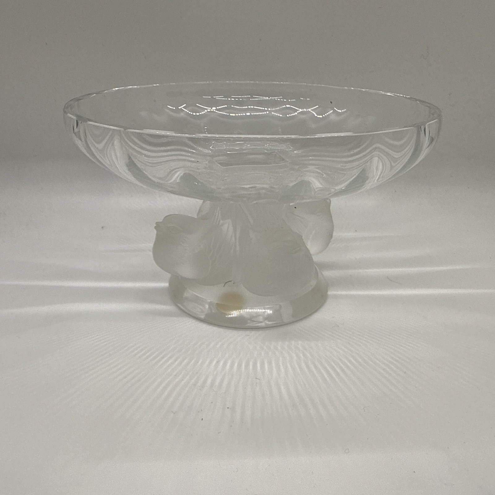 Vintage Lalique France Signed Crystal “Nogent” 4 Frosted Sparrow Pedestal Bowl