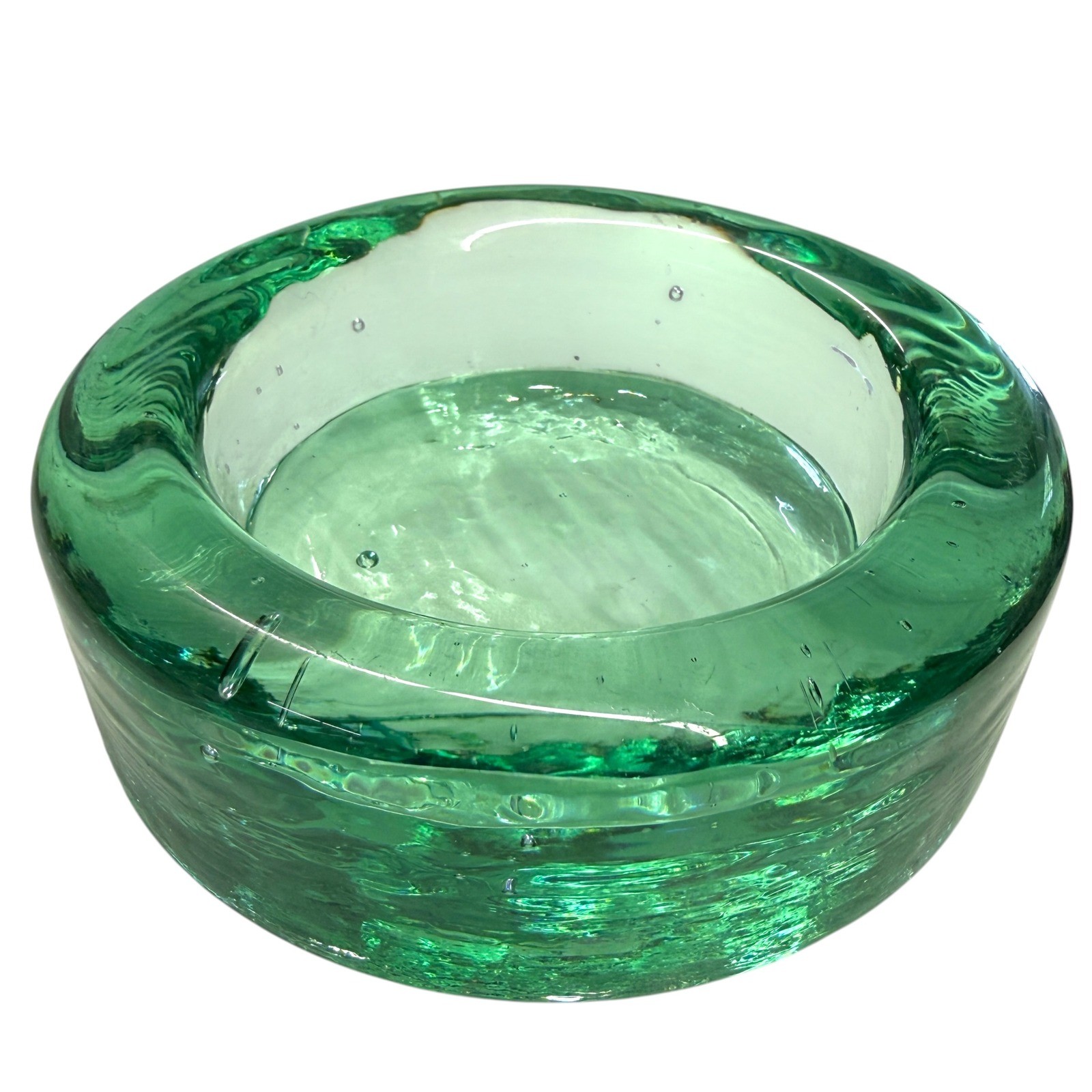 Unbranded Art Glass Trinket Dish Candle Holder Green Controlled Bubble MCM