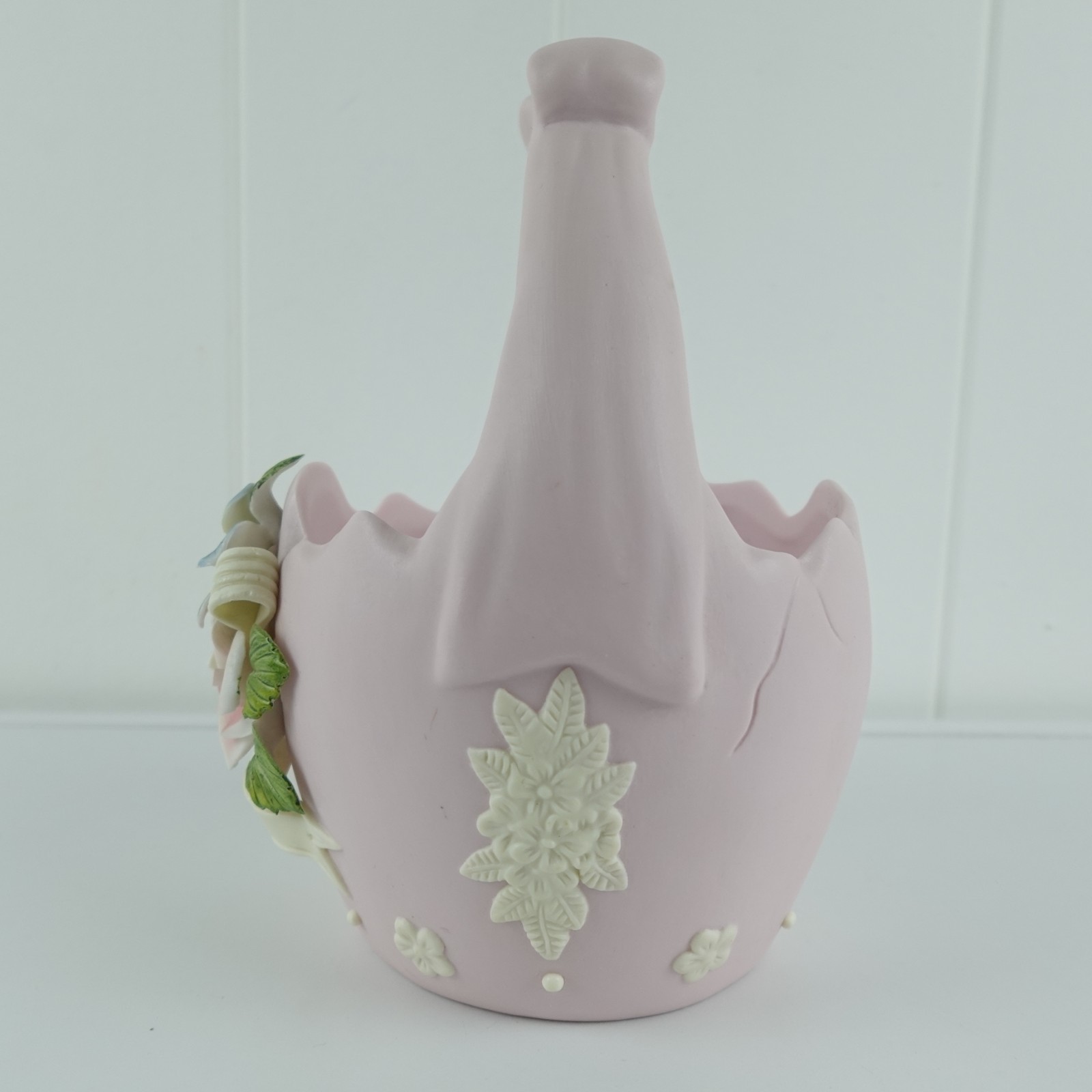 Ceramic Pink Pastel Egg Shaped Basket With Applied Flowers Spring Easter
