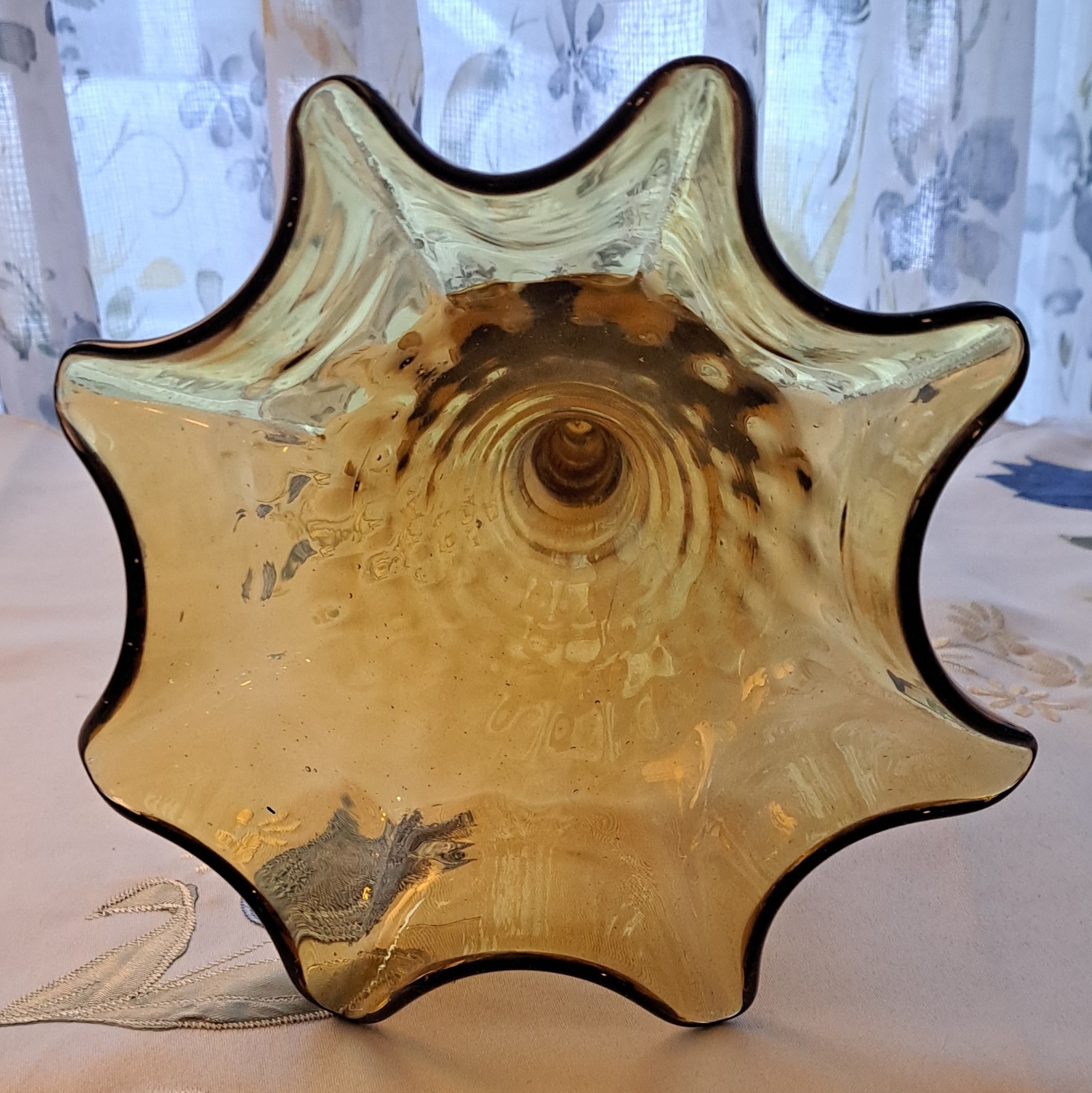 Amber Gold crystal Epergne Ruffled Trumpet Vase 15in Tall HandBlown Raindrop MCM