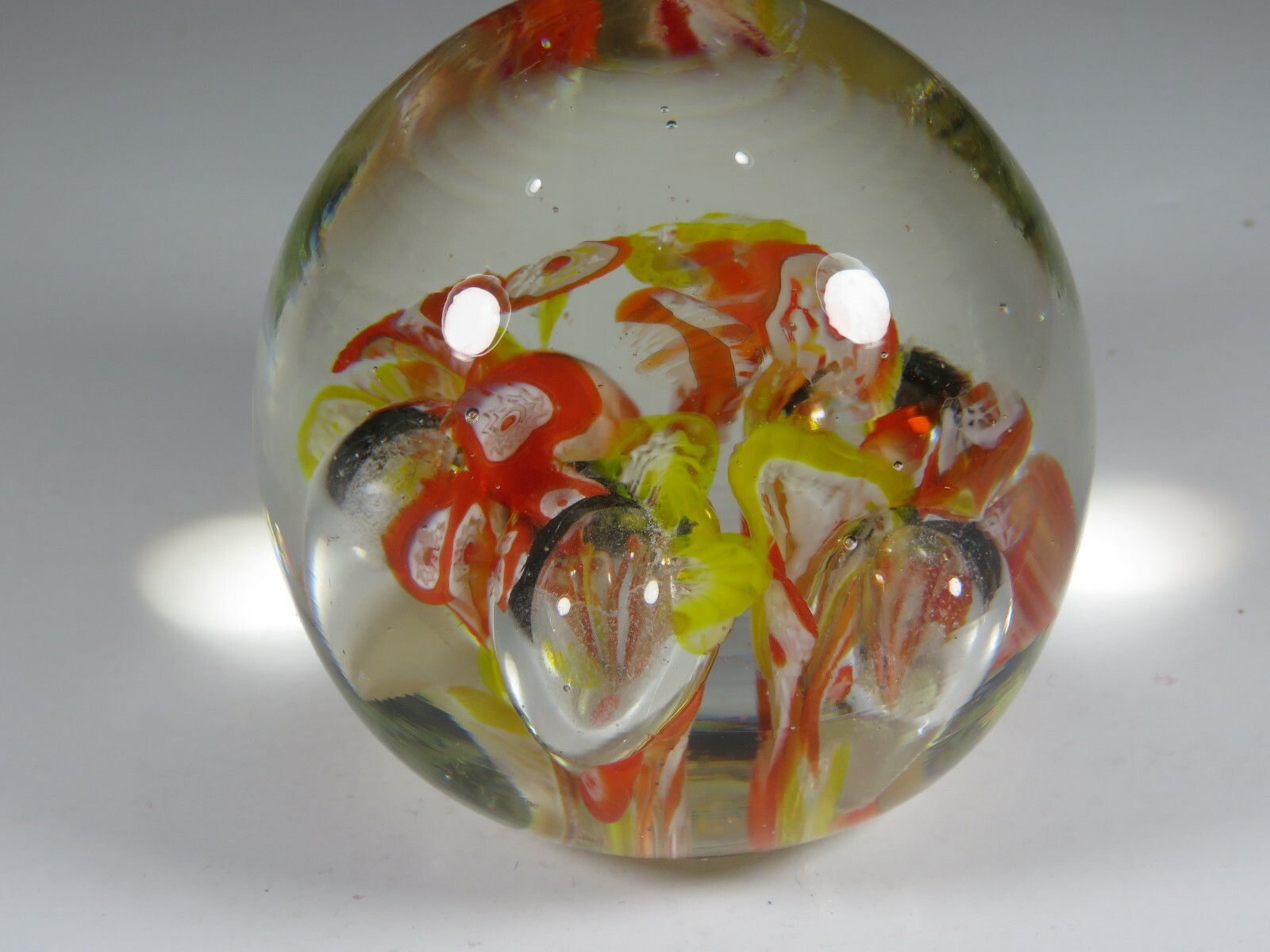 Art Glass Paperweight Vintage Hand Blown Round Colorful Flowers 2.75 dia. B6088