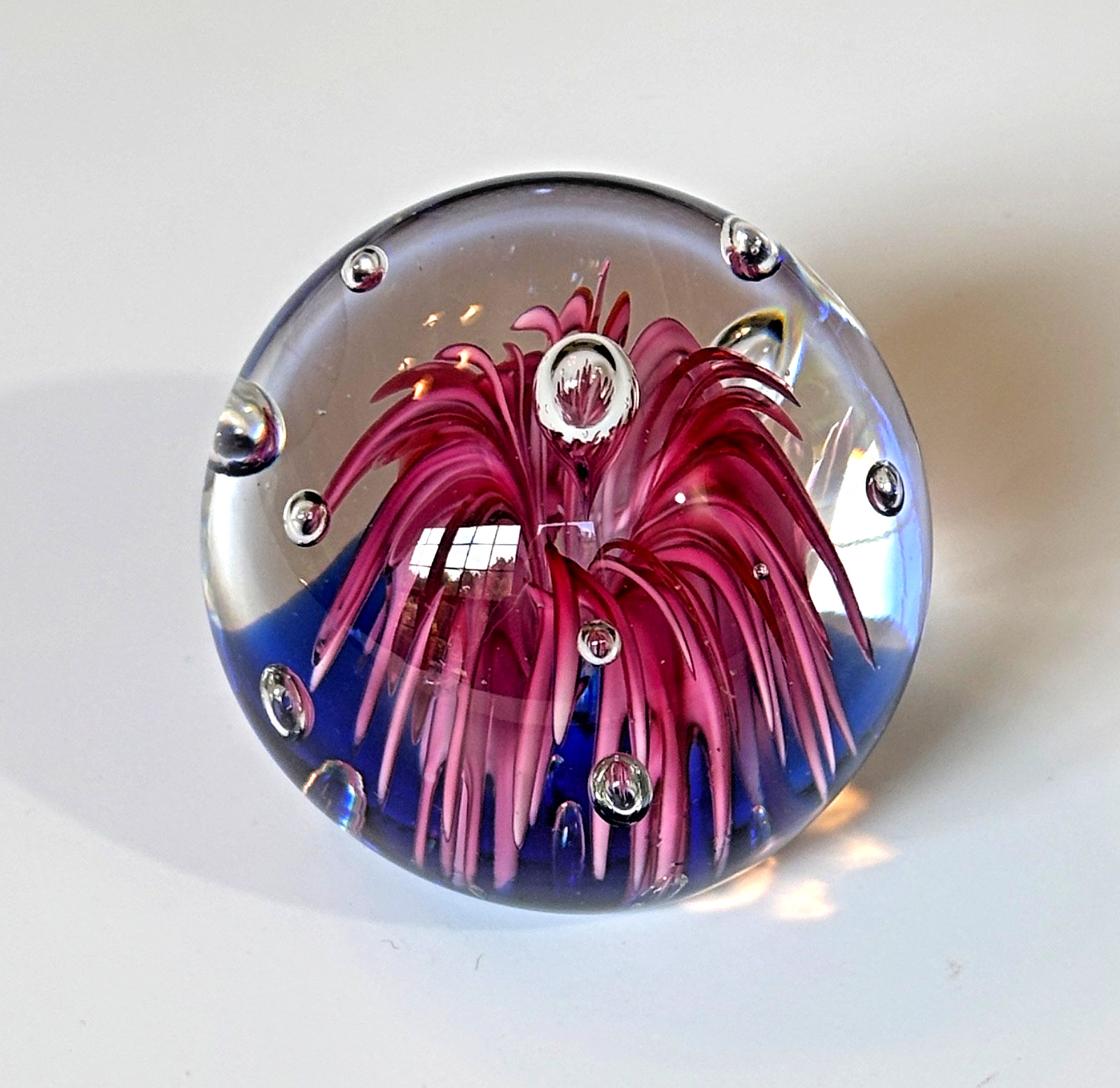 Dynasty Gallery Art Glass Paperweight Blue Pink Flower Bullicante Bubbles 2.25″