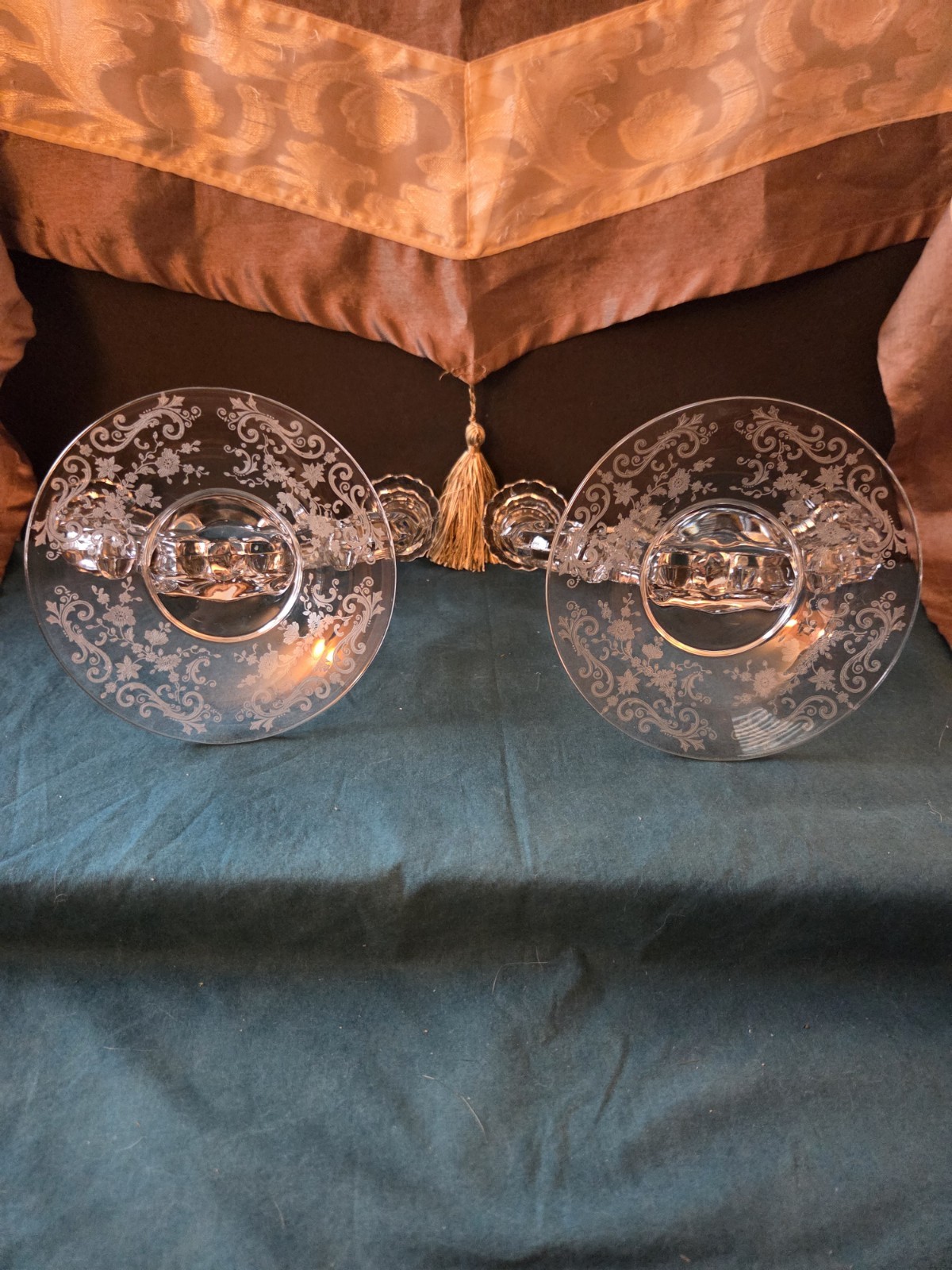 Vintage Cambridge Glass Rose Point Pristine Pair Keyhole 2-Light Candelabras 340