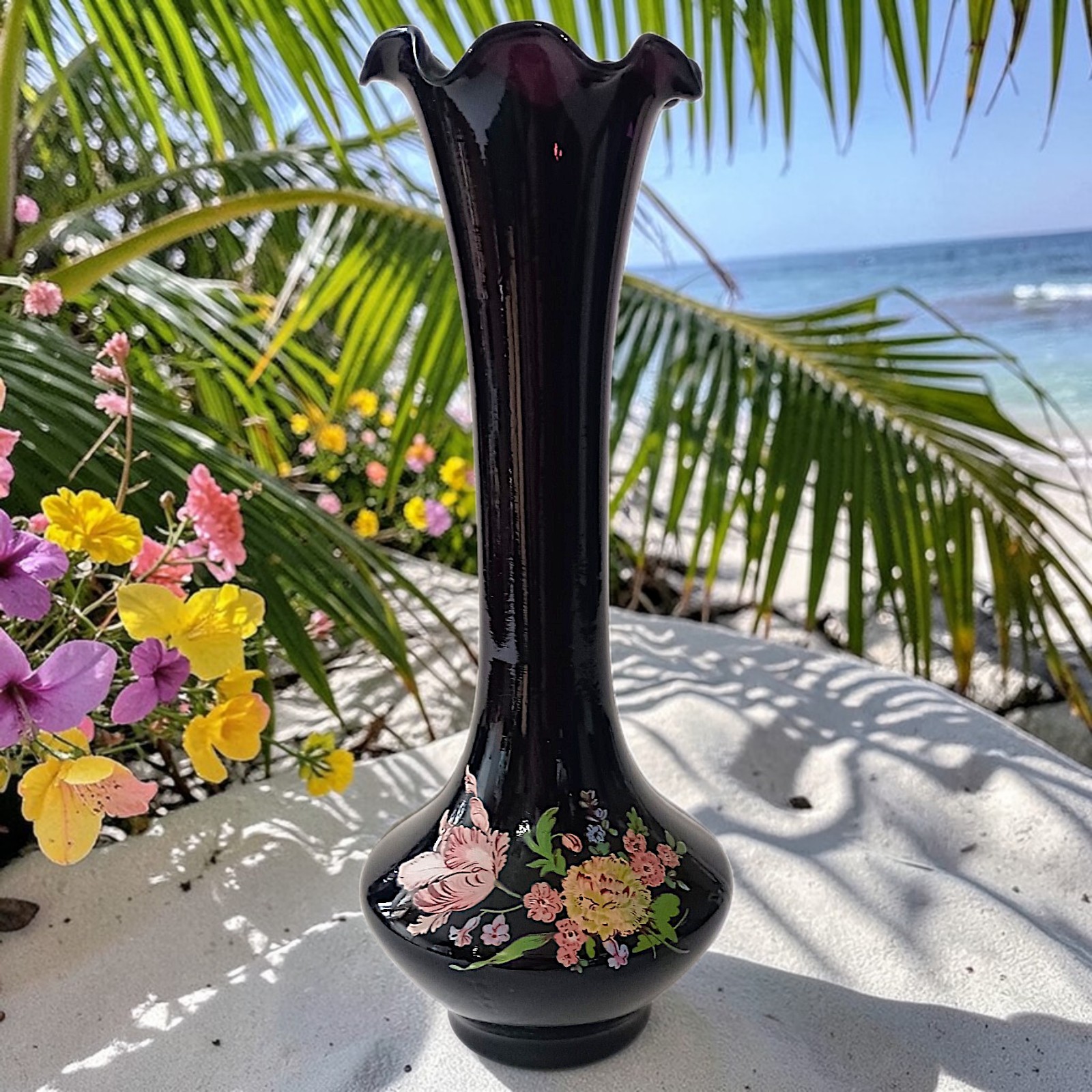 Vintage Floral Black Amethyst Floral Bud Vase Ruffled Fluted Top Edge Victorian