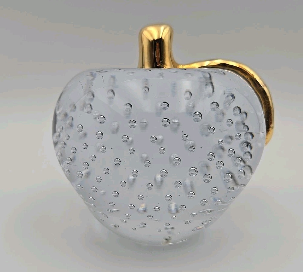 Art Glass Hand Blown Clear Controlled Bubbles Apple Gold Stem Paperweight