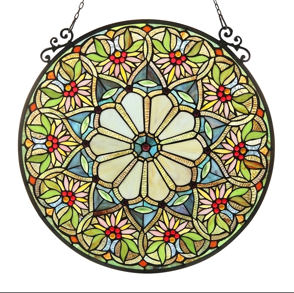 Window Panel Tiffany Style Cut Stained Glass Summer Floral Design 23.4″ Round