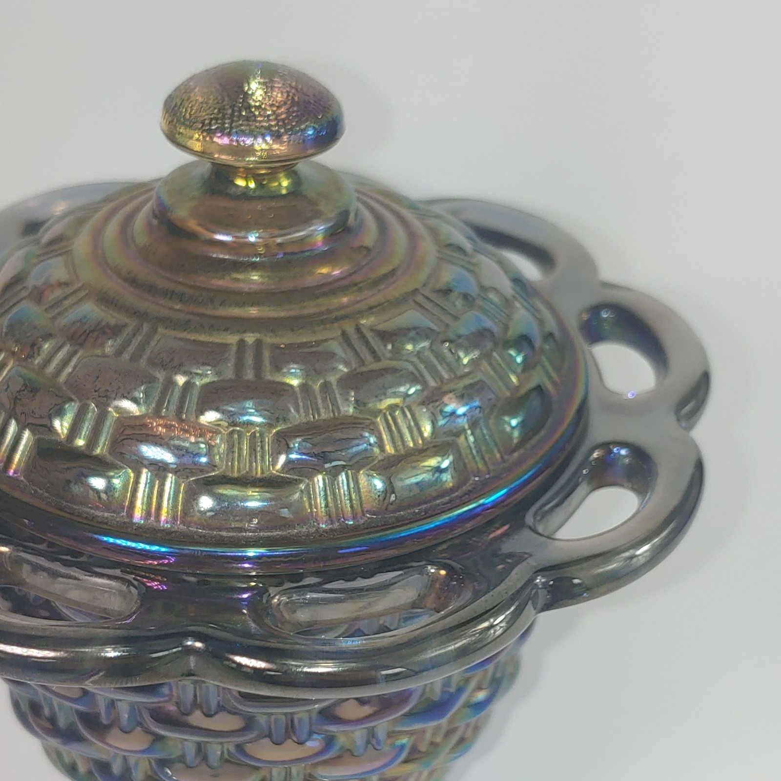 Imperial Glass Carnival Glass Lidded Decorative Basket Basketweave Multicolor