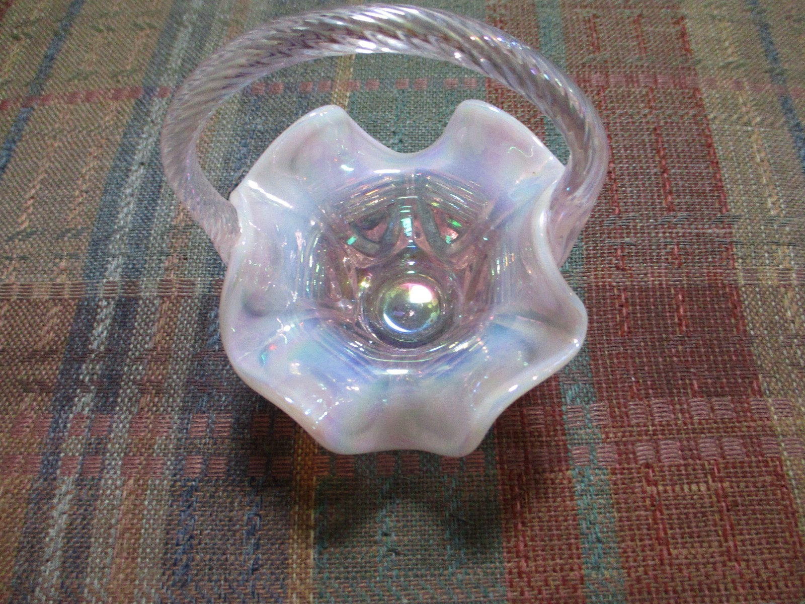Vintage Fenton Opalescent Iridescent Small Basket PINK Down Arrow Pattern 6″