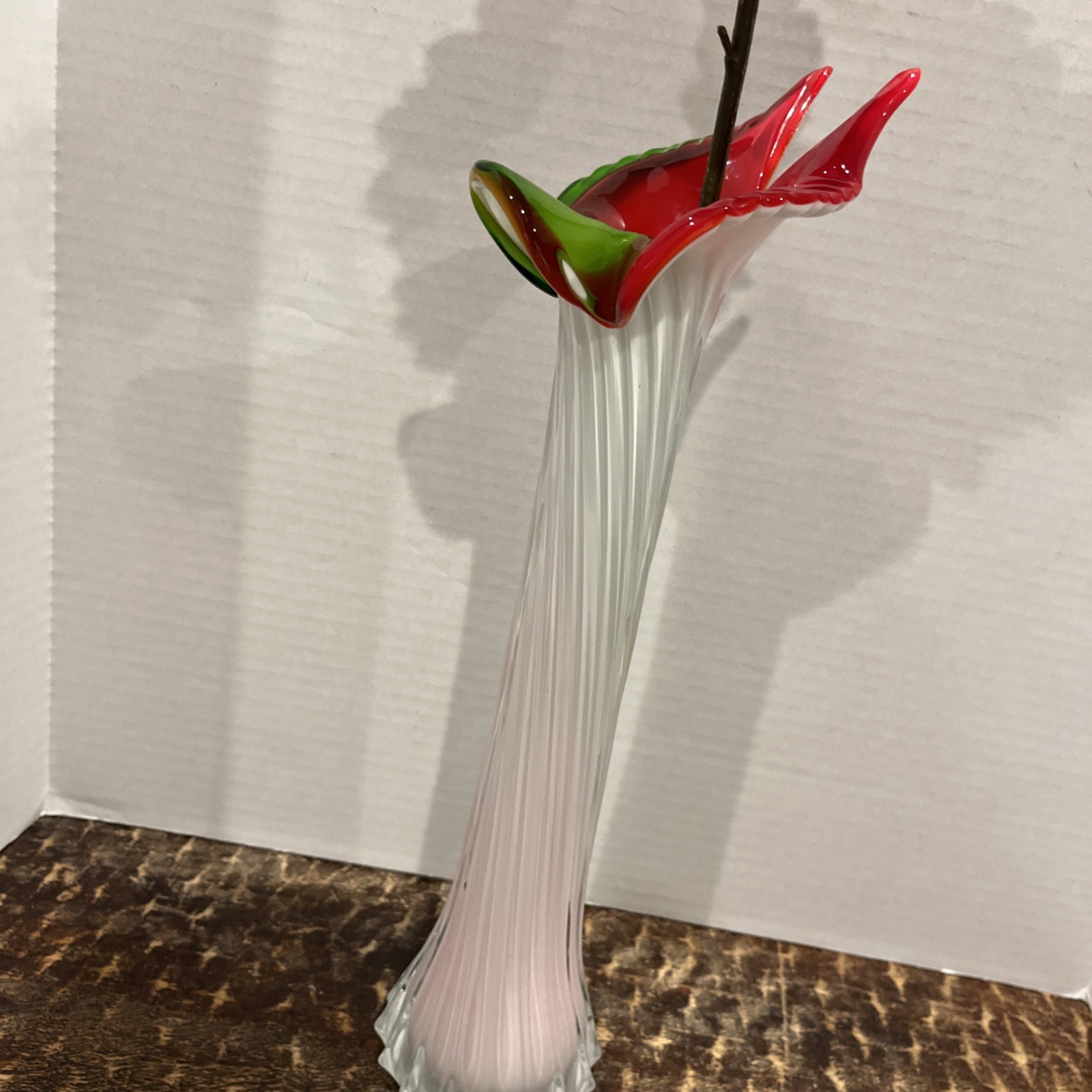 15in Tulip Bud Vase Handblown Art Glass Red White Green Clear Flower