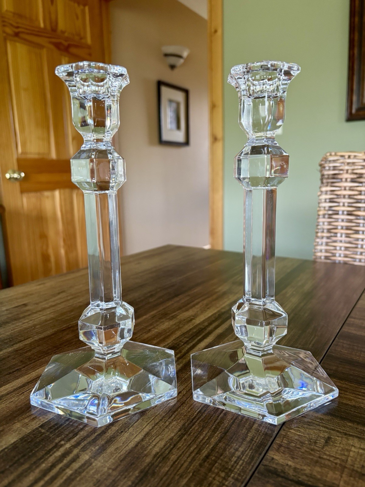 Lead Crystal Pair Candlesticks Taper Candle Holders Val St Lambert 9-1/2 Belgium