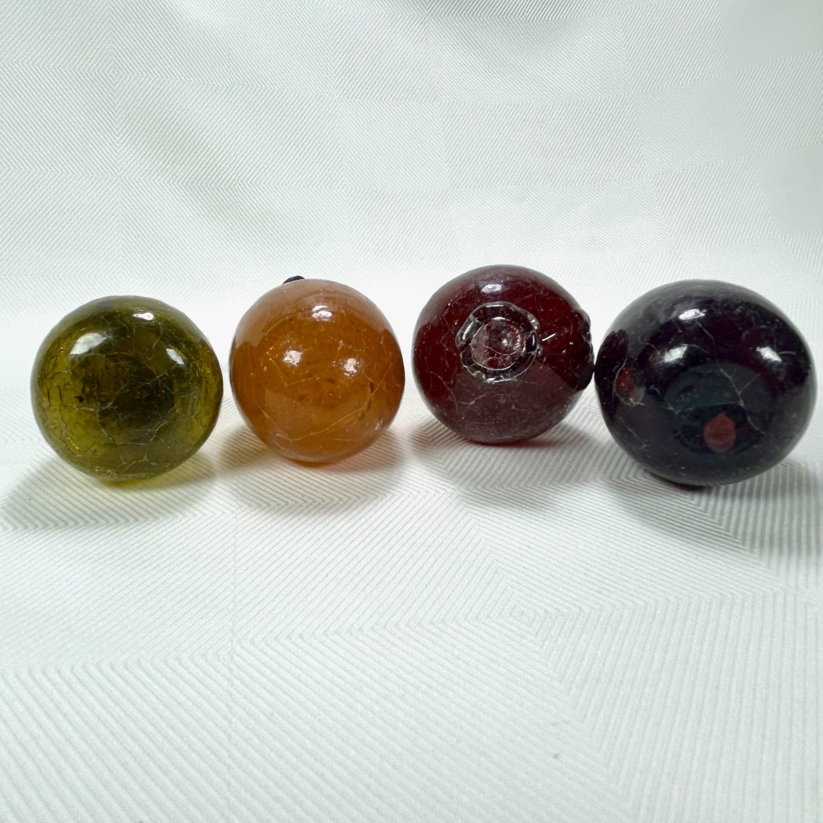 4 VTG Hand Blown Art Glass Crackle Fruit Metal Stem Pear/Apple/Lemon/Pomegranate