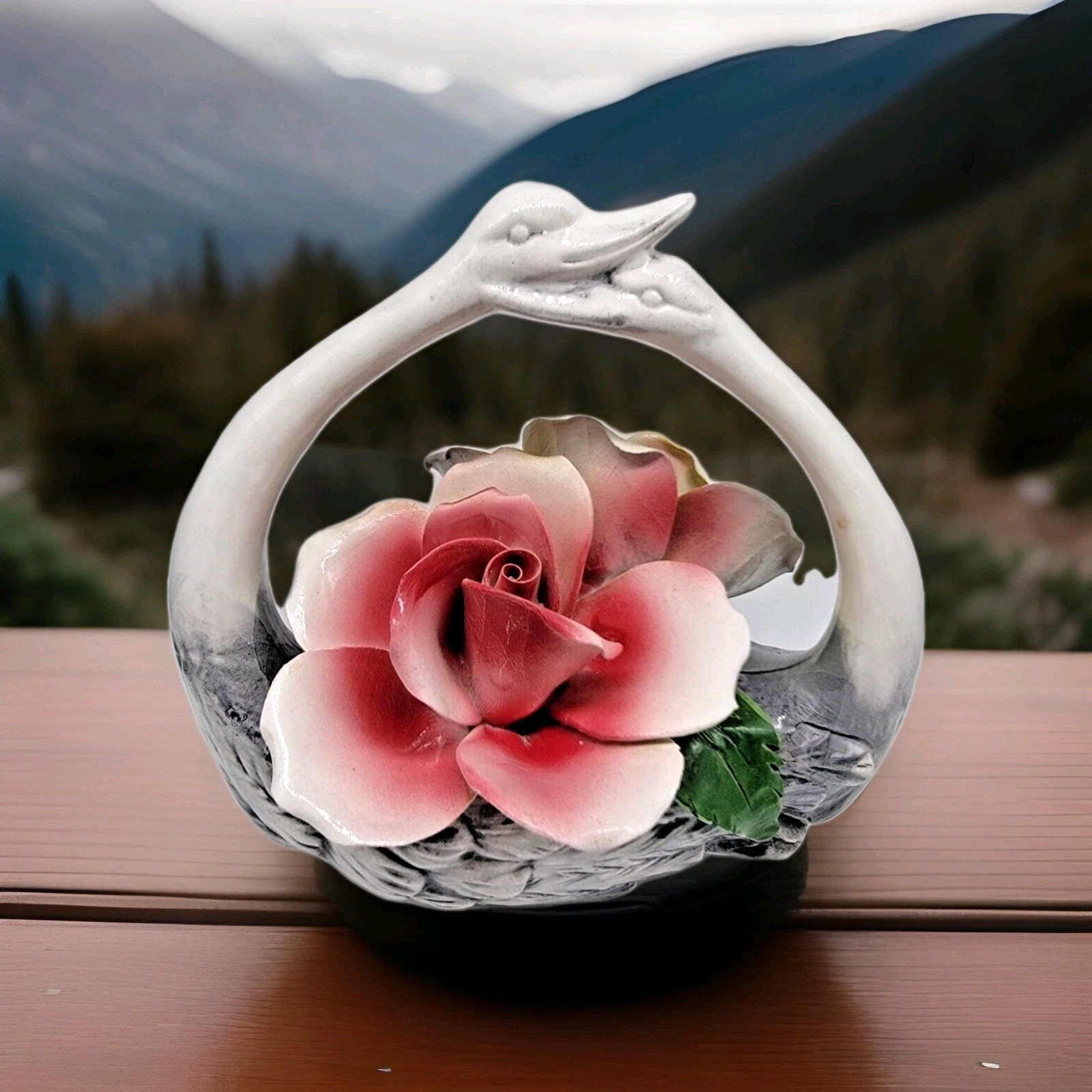 Capodimonte Double Swan with Pink and Yellow Roses from Italy minor imperfection