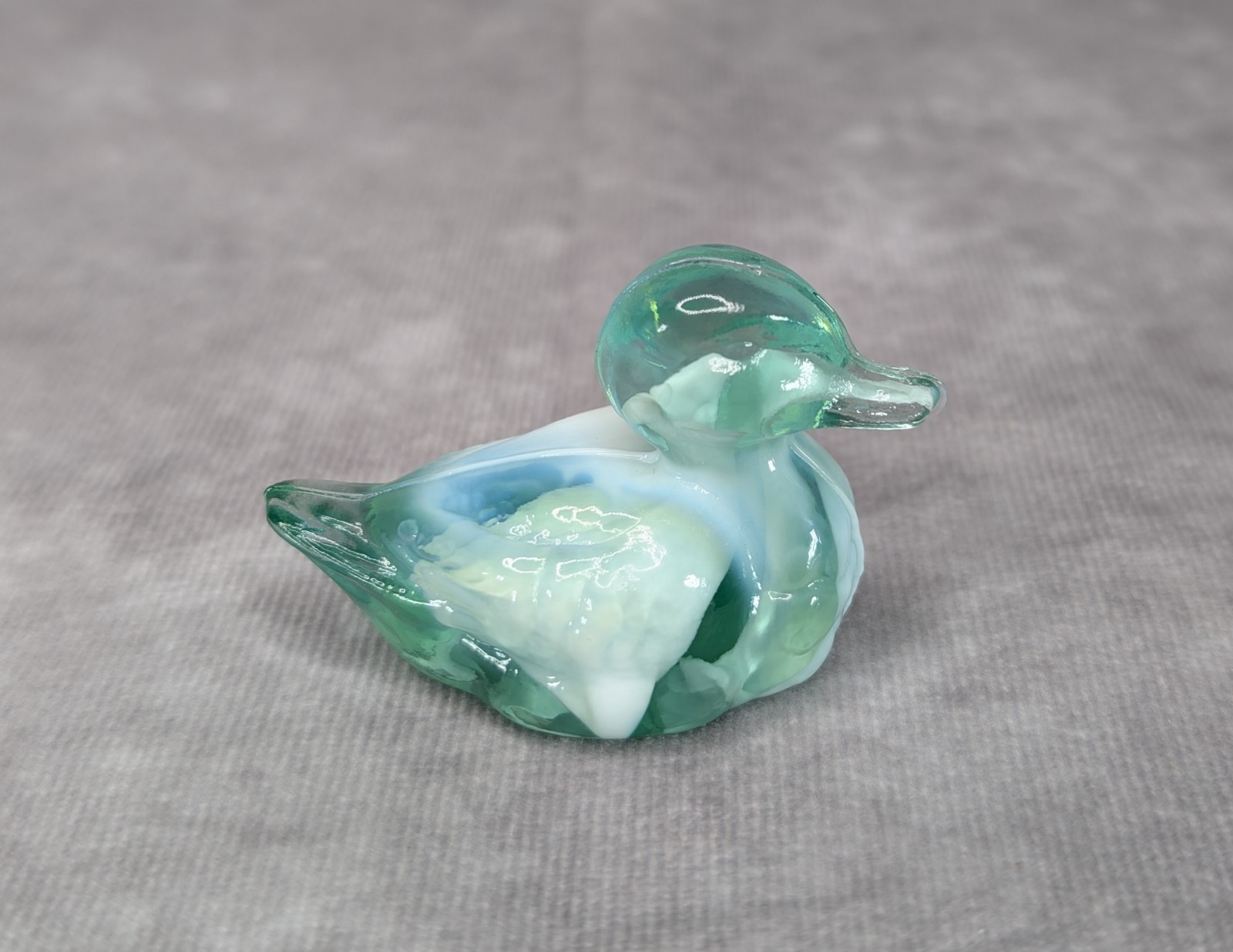 RARE Fenton Art Glass Miniature Mini Duck Figurine Slag White / Green Glass