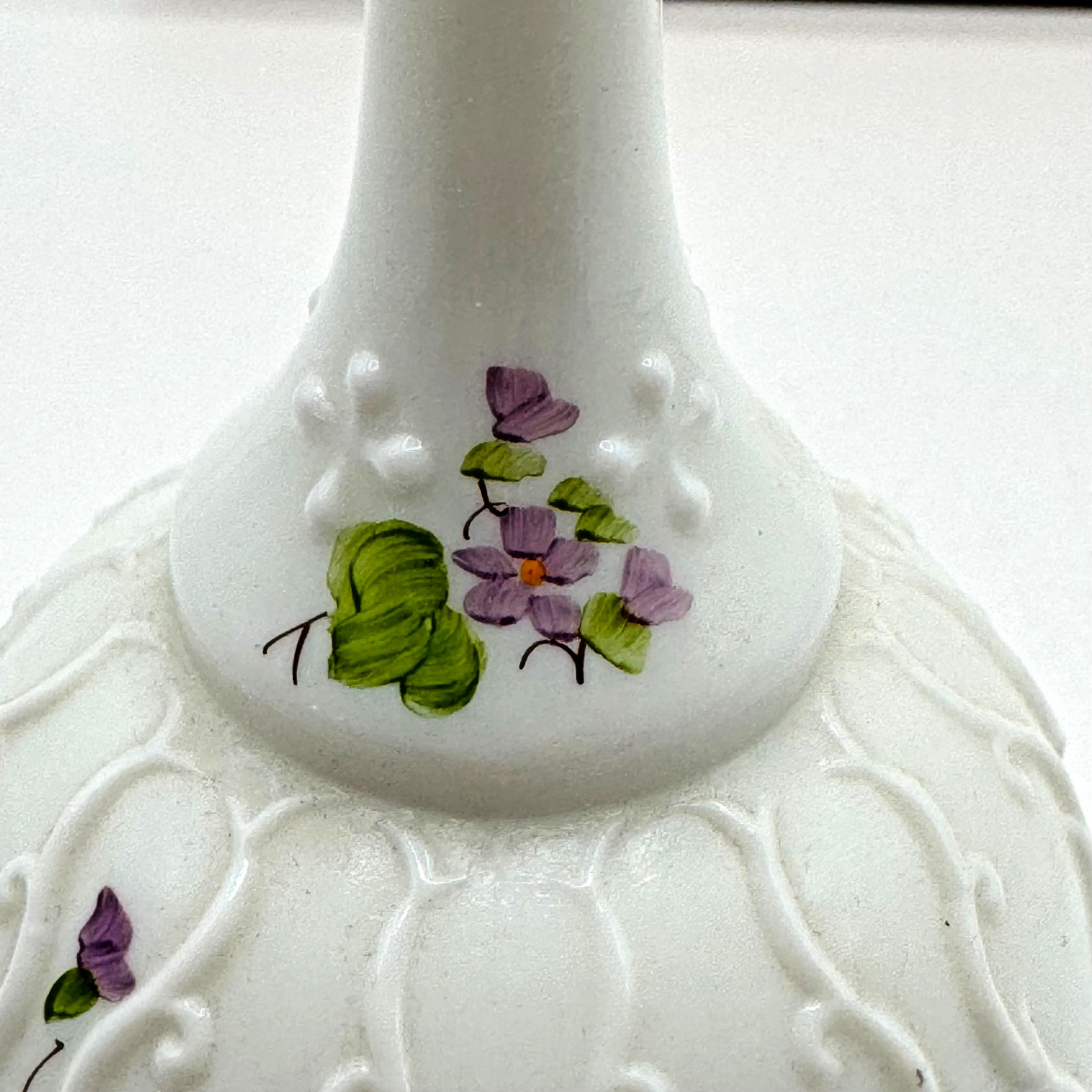 Fenton Glass Violets in Snow Spanish Lace Silver Crest Bell Artist Signed