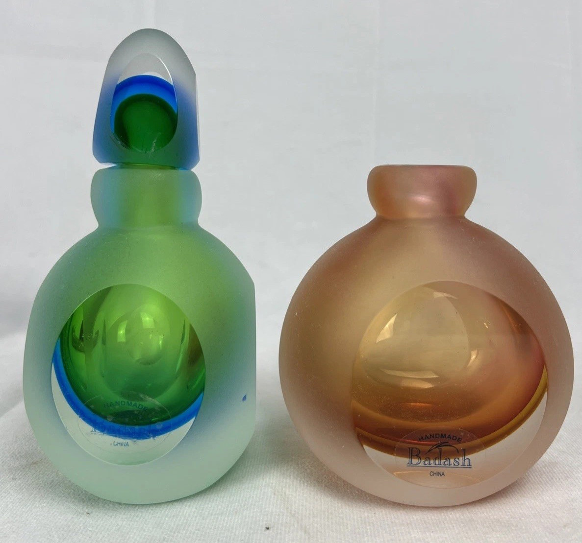 Badash Hand Blown Karma Art Glass Perfume Bottles Frosted Cut Window Pair / Lot
