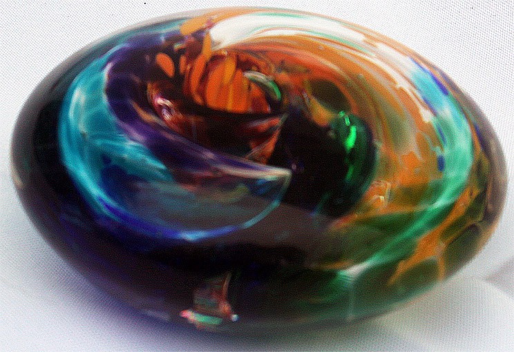 Signed Jim Karg_Art Glass_Paperweight_Blue Yellow Orange Green Swirl 3.5″ Wide