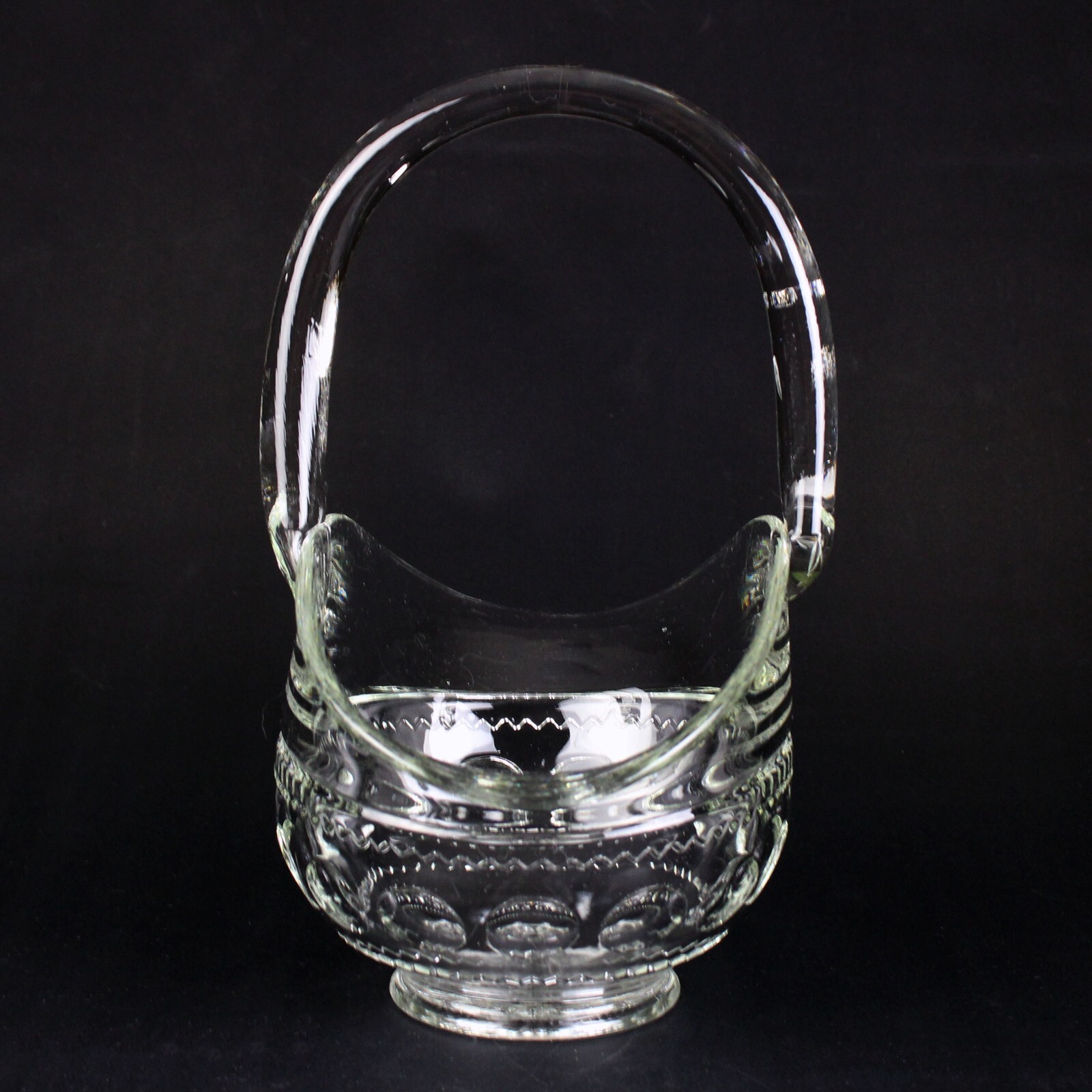 Tiffin King’s Crown Fruit Basket, Vintage Glass Antique Thumbprint 12″ H, Scarce