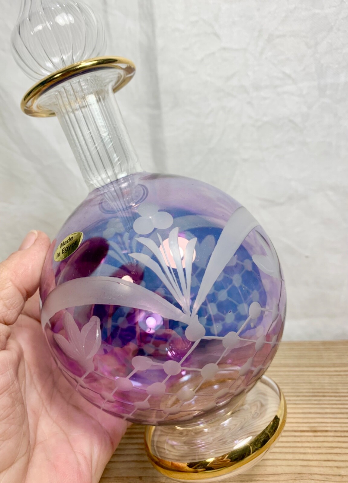 Vintage Art Glass 9” Genie Decanter Purple Etched Gold Trim pedestal w stopper