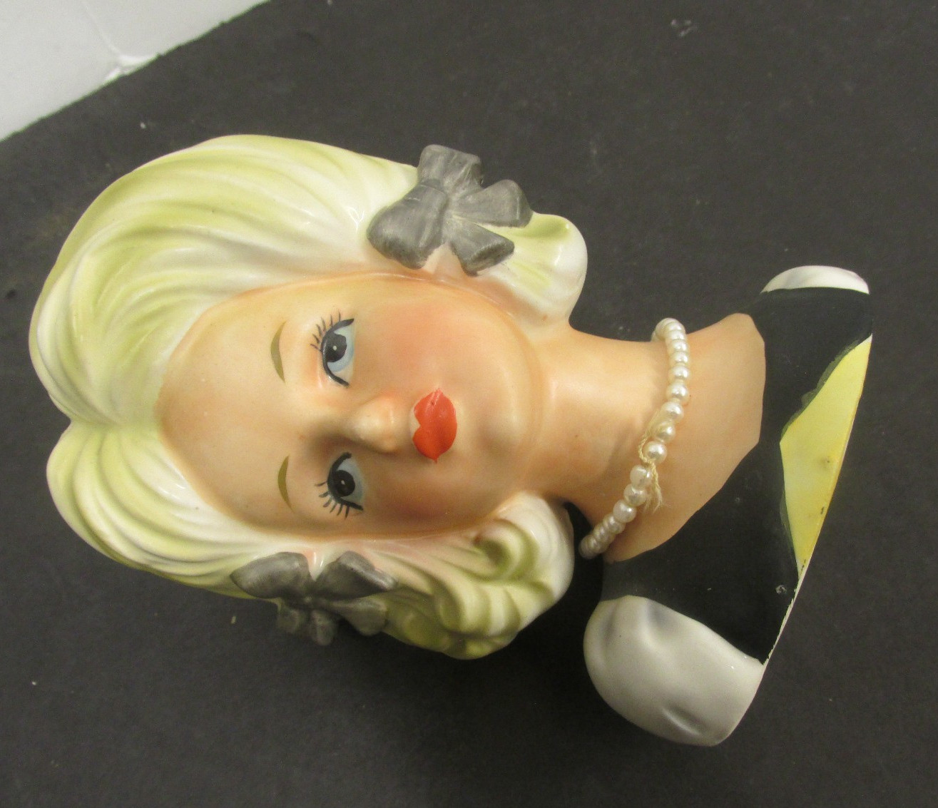 2031 RELPO 5 1/2 IN blonde BLACK DRESS AND BOWS head vase FOIL LABEL RELPO