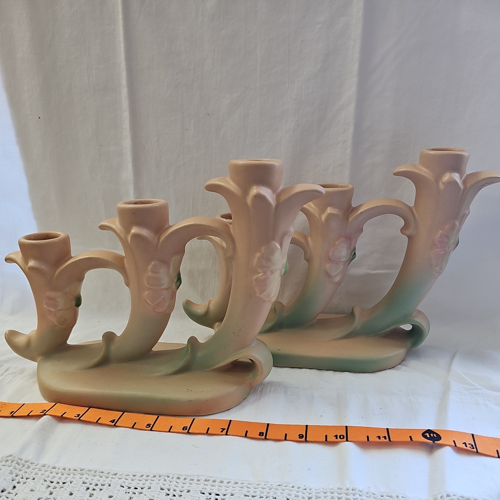 1930s Weller Pottery Wild Rose Triple Branch Candle Holder/Candelabra Pink