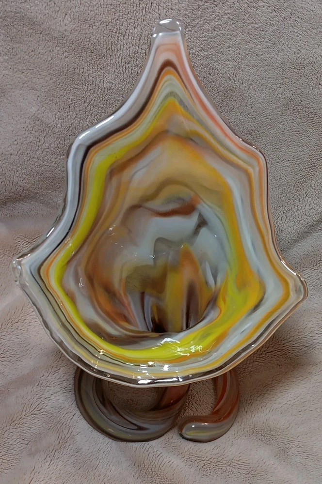 Vintage Hand Blown Orange And Yellow Art Glass Swirl Twisted Stem Vase